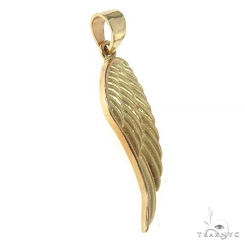 14K yellow gold pendant shaped like a detailed half angel wing with polished finish