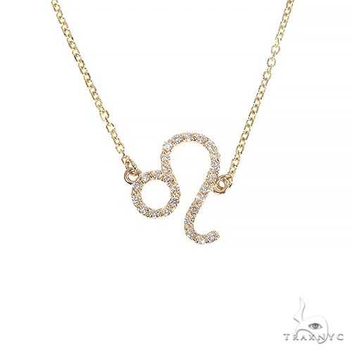 Leo zodiac diamond pendant in 14k yellow gold on cable chain — front view showing lion sign silhouette with diamond accents