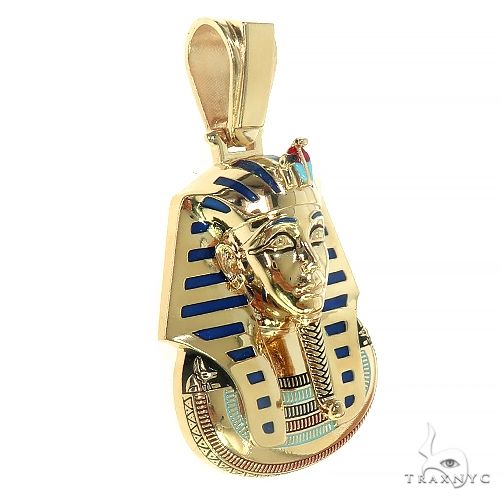 14K yellow gold Pharaoh King Tut pendant with blue enamel accents and detailed facial features