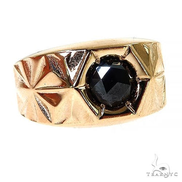 Yellow gold men's ring with a round black diamond and geometric engraved design.