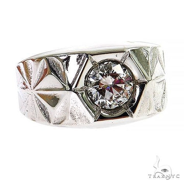 Men's yellow gold tuxedo ring with central round diamond and geometric engraved pattern.