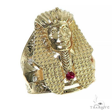 14K yellow gold men's ring with detailed Egyptian Pharaoh face and red gemstone accent.