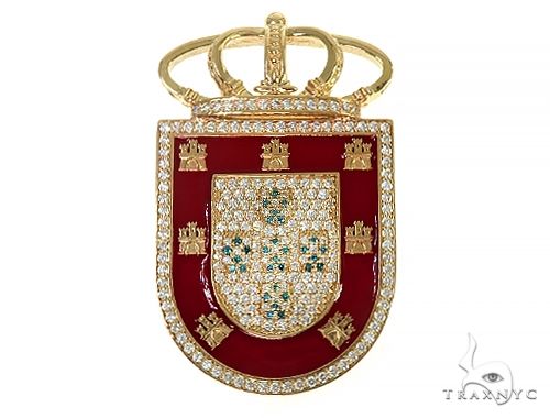 14k gold Portugal flag emblem diamond pendant – round-cut diamond accents on detailed flag relief, three-quarter angle