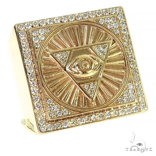 14K yellow gold pyramid ring with diamond-encrusted evil eye design and geometric detailing