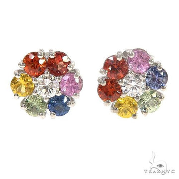 Small 14K white gold flower earrings with multicolor sapphire and diamond cluster gemstones.