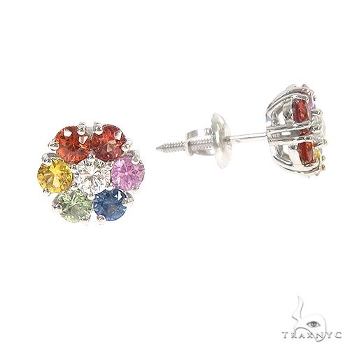Small 14K Gold Rainbow Sapphire Diamond Flower Earrings 66857 - Image 2