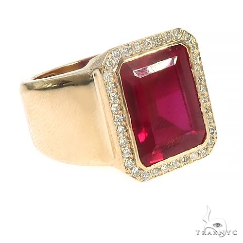 14K yellow gold ring with large rectangular ruby center and diamond halo setting