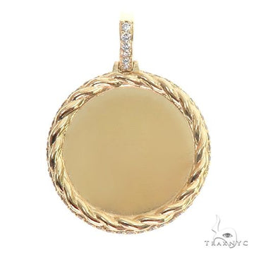 14K gold round pendant with braided edge and diamond-accented bail, smooth center plate.
