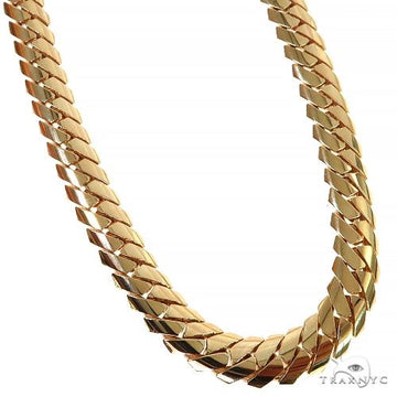 14K yellow gold solid Mimi Cuban link chain with polished flat links, men's style.