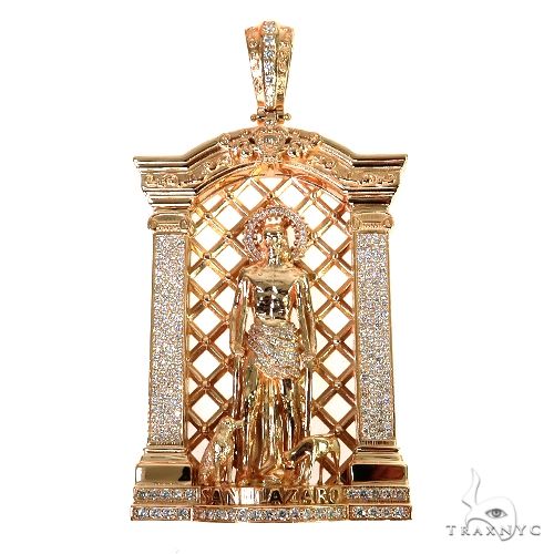14K rose gold St. Lazarus pendant with diamond accents and intricate lattice frame
