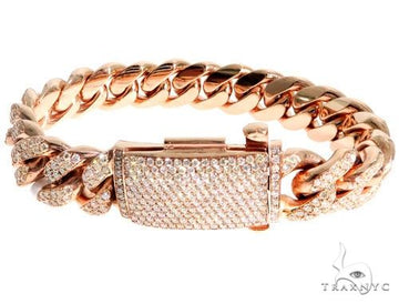 14K gold men's diamond bracelet with custom lock – pave-set round diamonds, top-down view