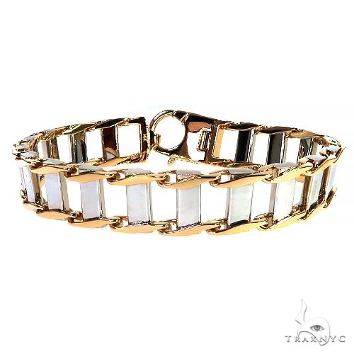 14K Two Tone Gold Rail Road Link Bracelet 8.5 Inches 9mm 70531 - Image 1