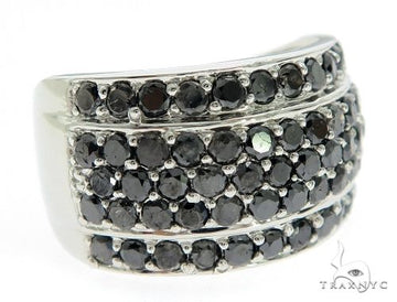 14K white gold band with three rows of round black diamonds.