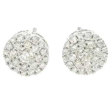 14K white gold round cluster diamond stud earrings with multiple sparkling diamonds.