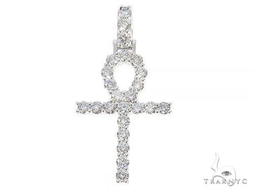 14K white gold ankh cross pendant with round white diamonds, men's jewelry.