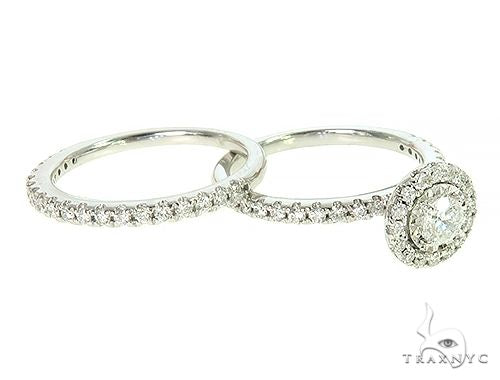 14k gold halo diamond engagement ring bridal set with round center stone and matching pavé diamond band