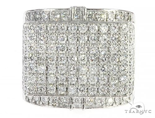14K white gold men's hip hop ring with multiple pave-set diamonds in rectangular pattern