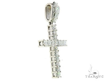 14K white gold men's cross pendant with princess cut diamonds in a sleek design.