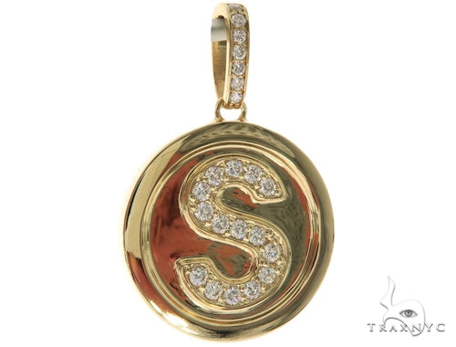 14K yellow gold round pendant with diamond-encrusted initial S and diamond bail
