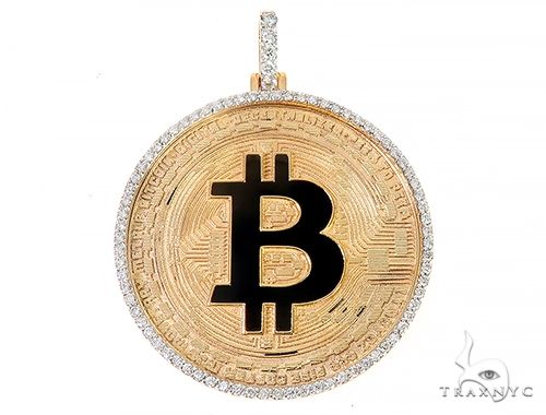14K yellow gold 1.5 inch Bitcoin pendant with black Bitcoin symbol and diamond-studded border
