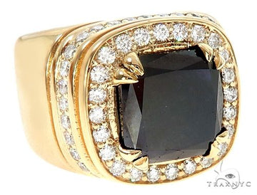 Men's cushion cut black diamond pinky ring in 14k yellow gold — front profile view
