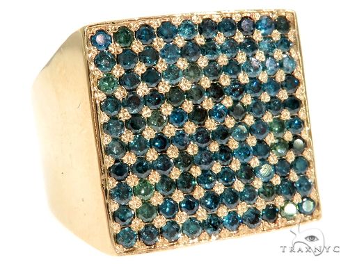 Mens 14k yellow gold square ring with prong-set blue diamonds at center — front profile view