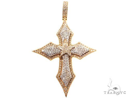 Diamond cross pendant in 14k yellow gold – round cut stones set across all four arms, front view
