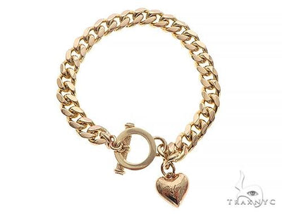 14K Yellow Gold Cuban Link Bracelet With Heart Charm And Toggle Clasp 65650 - Image 1