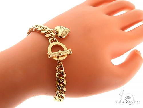 14K Yellow Gold Cuban Link Bracelet With Heart Charm And Toggle Clasp, photo 7 of 8