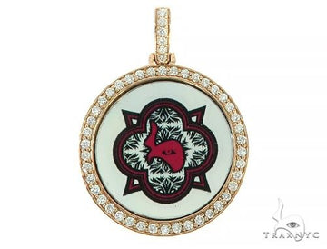 14K yellow gold round pendant with diamond halo and red heart holographic prism design.