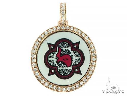 14K yellow gold round pendant with diamond halo and red heart holographic prism design