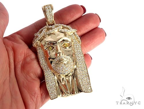 14K Yellow Gold Custom Made Jesus Diamond Pendant With Canary Eyes