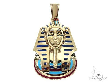 14K yellow gold custom Pharaoh King Tut pendant – front-facing sculptural relief showing headdress and facial detail