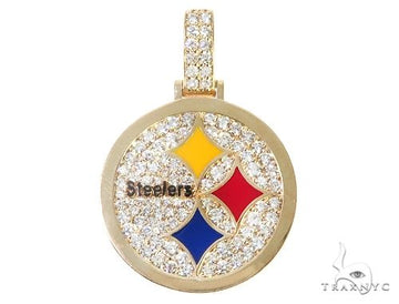 14K yellow gold custom Steelers pendant with diamond detailing, front view