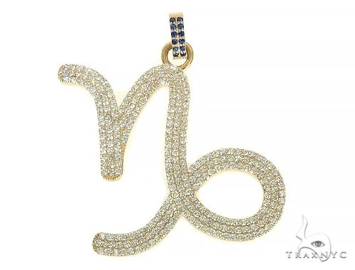 Custom 14k yellow gold symbol pendant with round diamond setting, front view