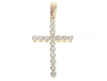 14K yellow gold cross pendant with round diamonds arranged in a classic design.
