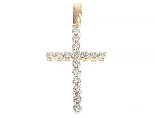 14K yellow gold cross pendant with round diamonds arranged in a classic design