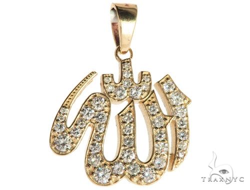 14K yellow gold Allah pendant with round diamonds, men's religious charm