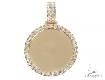 14K yellow gold round pendant with diamond frame and plain center for custom photo.