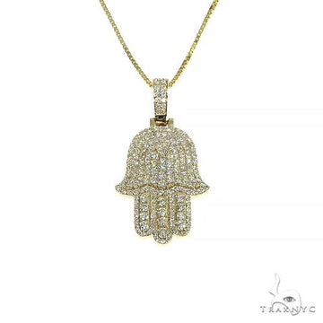 14K yellow gold Hamsa pendant with pavé diamond accents on delicate chain.