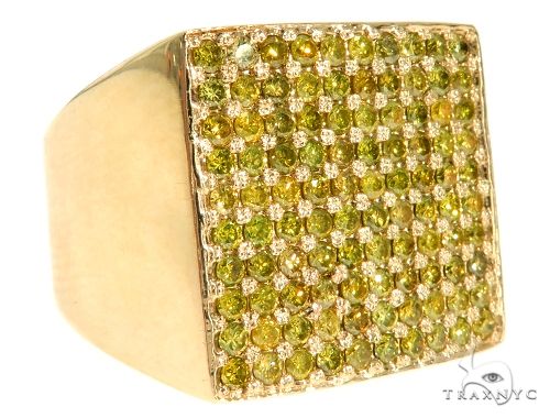 14K yellow gold men's ring with square face set with small green diamonds
