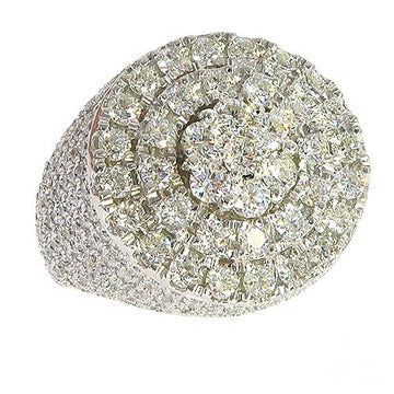 14K yellow gold Mayan pinky ring with concentric round diamond clusters, heavy design.