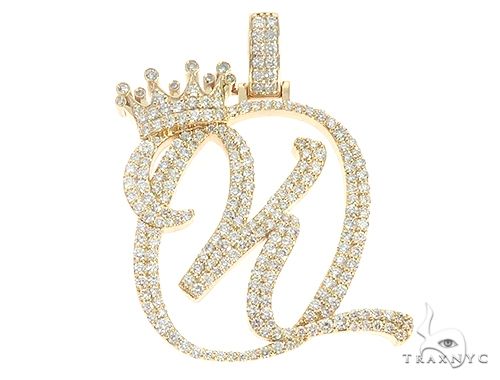 14K yellow gold KQ initial pendant with round-cut diamonds in prong setting, front view
