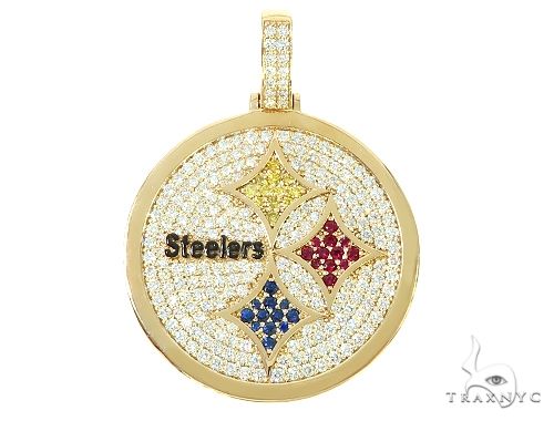 Custom 14K yellow gold Steelers pendant with diamond detailing — front view showing full face design