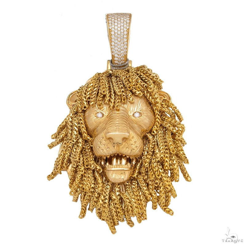 14K yellow gold lion head pendant with braided mane and diamond accents on bail