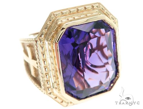 Men's 14k yellow gold ring with prong-set purple amethyst center stone, front angle