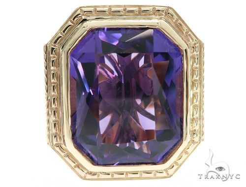 14K yellow gold men's ring with large square-cut amethyst and intricate band detailing