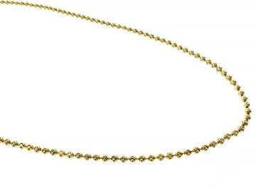 14K yellow gold moon cut chain 2mm – close-up of faceted bead links on white background