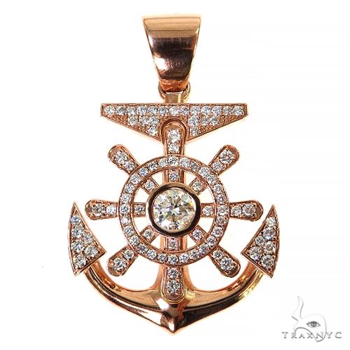 14K rose gold anchor pendant with pave bezel diamonds and central round diamond detail