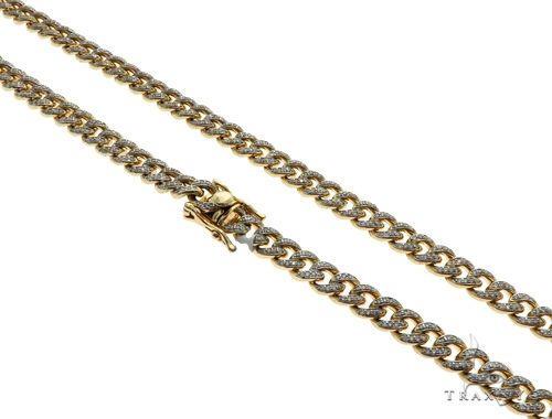 14k yellow gold pave diamond Miami Cuban link chain, 7mm wide, 28 inches, full-length front view